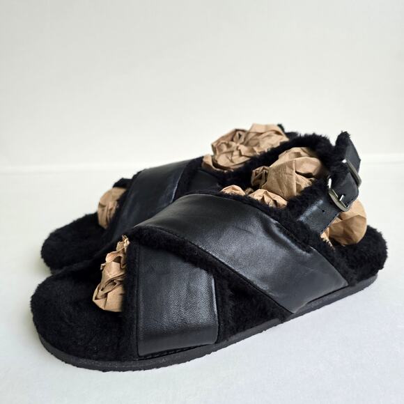 Faux Fur Sandals Seychelles No Such Thing Size 7 Black Leather Slipper Slingback - Picture 4 of 13